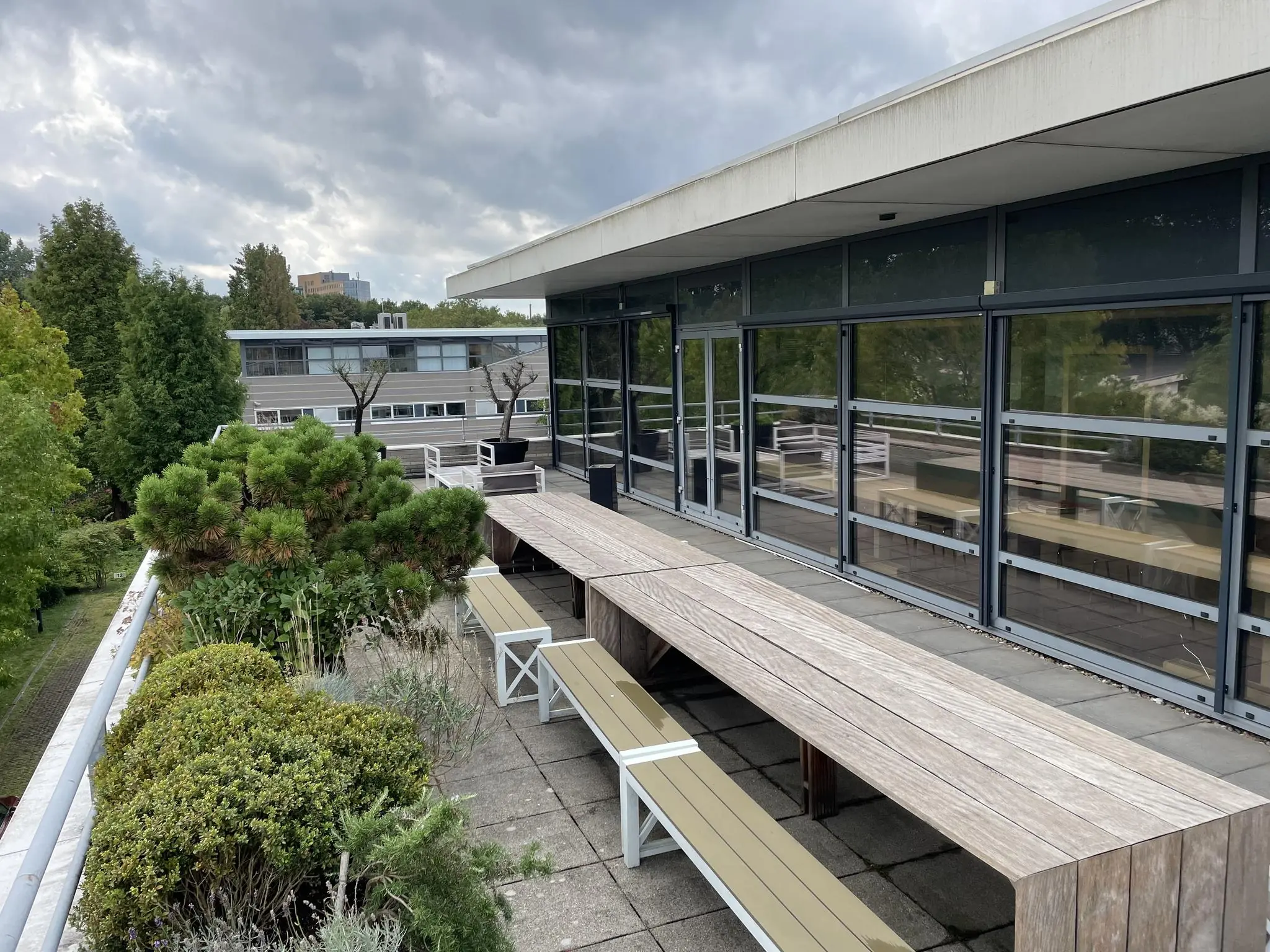 Dakterras met houten picknicktafels en groen aan de Jan Leentvaarlaan, met uitzicht op omliggende gebouwen en bomen.